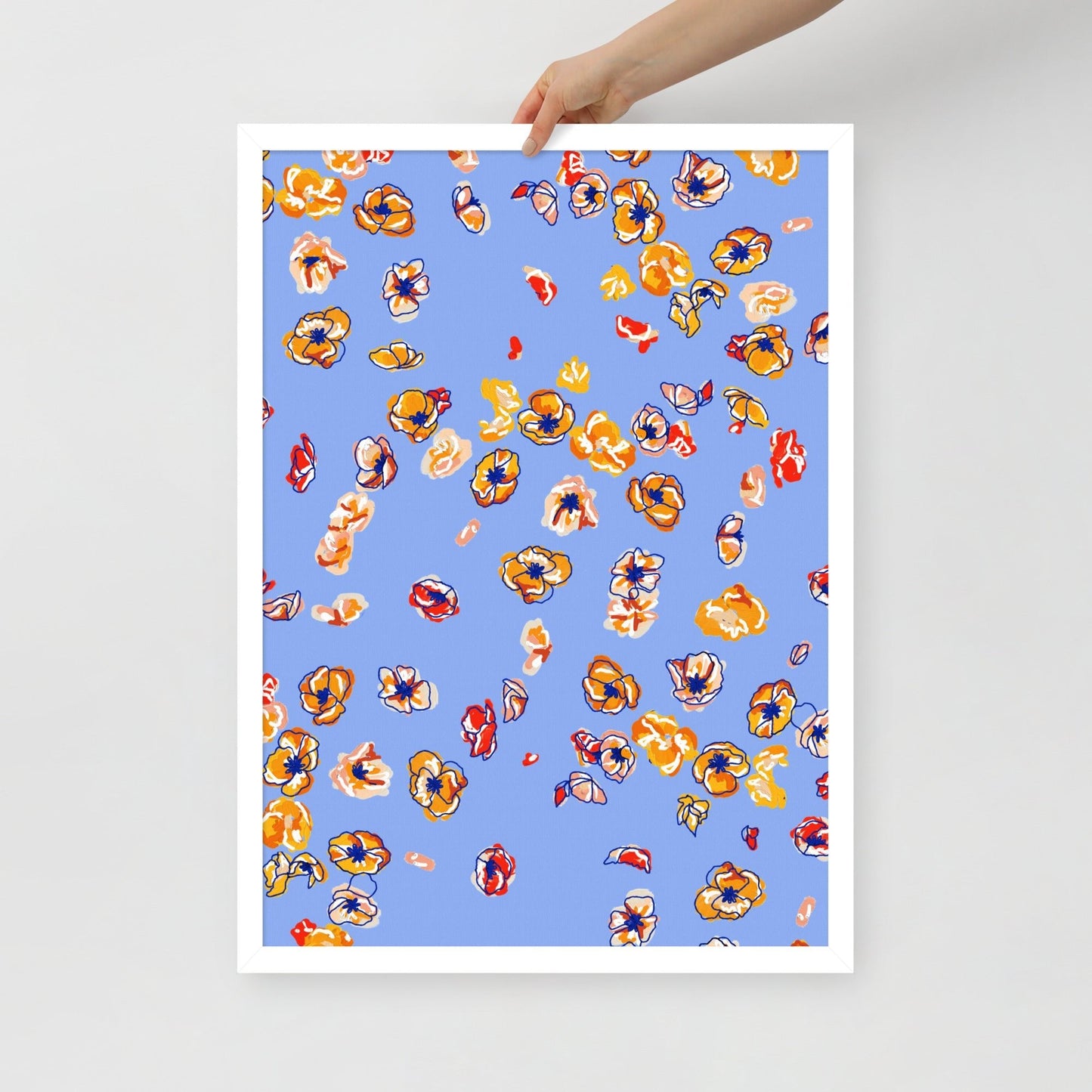 'Falling Flowers' 50×70 cm Fine Art Print with White Frame - Spilt Art by Melbourne Artist Eryn Levey