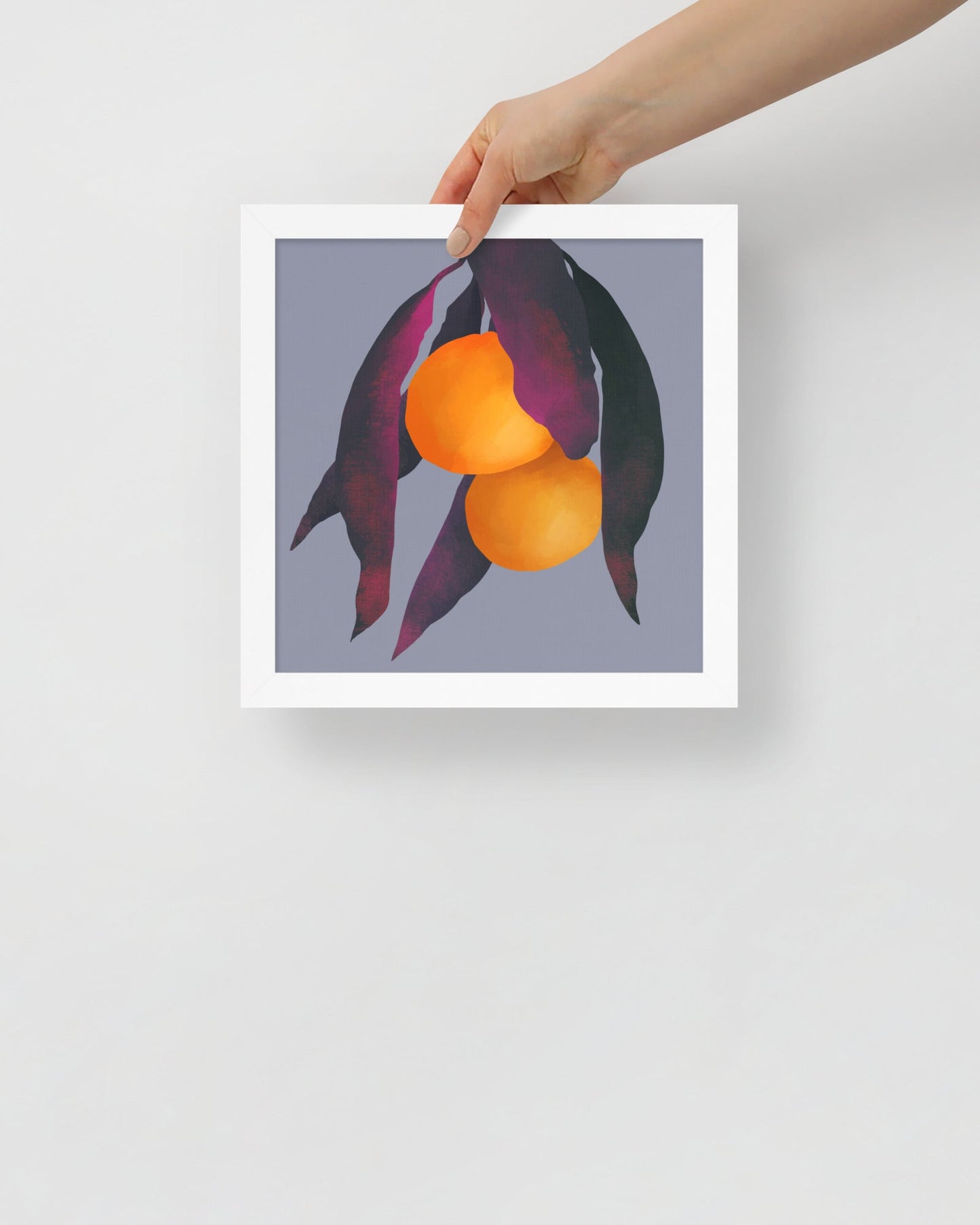 'Oranges - Purple' 10×10 in (25.4cm) Fine Art Print with White Frame - Spilt Art by Melbourne Artist Eryn Levey
