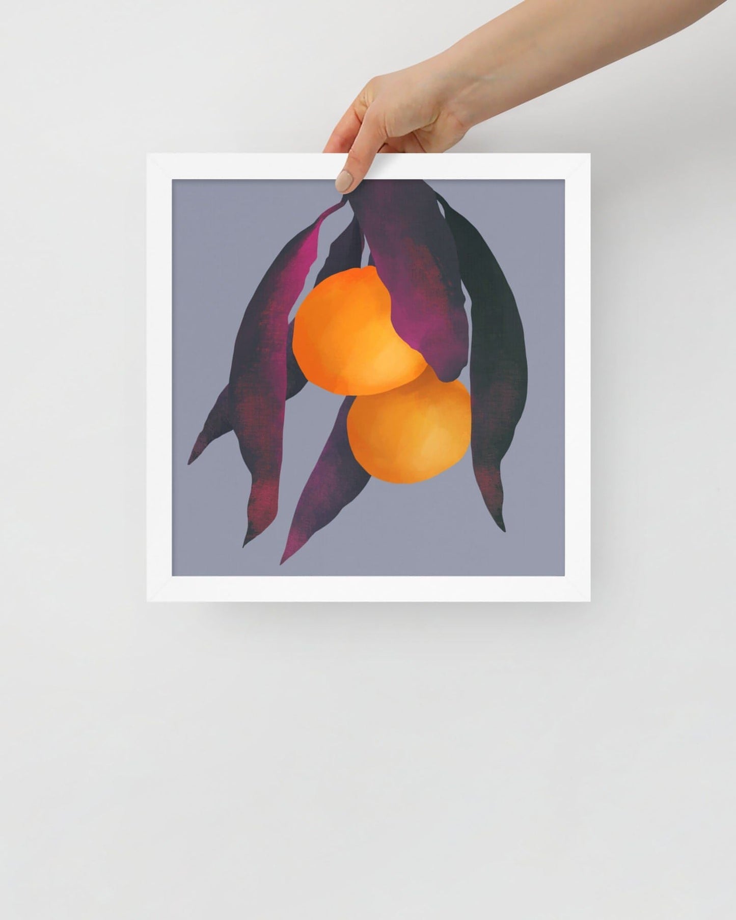 'Oranges - Purple' 12×12 in (30.48cm) Fine Art Print with White Frame - Spilt Art by Melbourne Artist Eryn Levey
