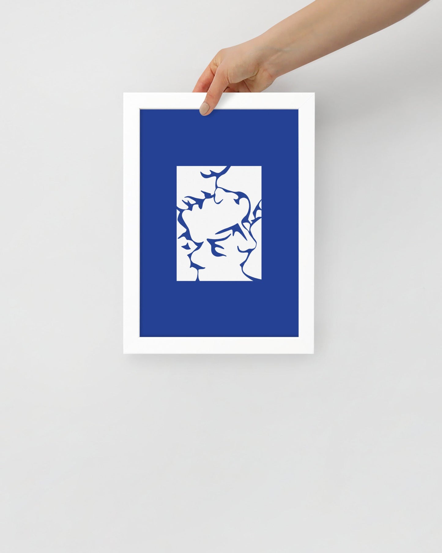 'Three Kisses - Blue' 21×30 cm Fine Art Print with White Frame - Spilt Art by Melbourne Artist Eryn Levey