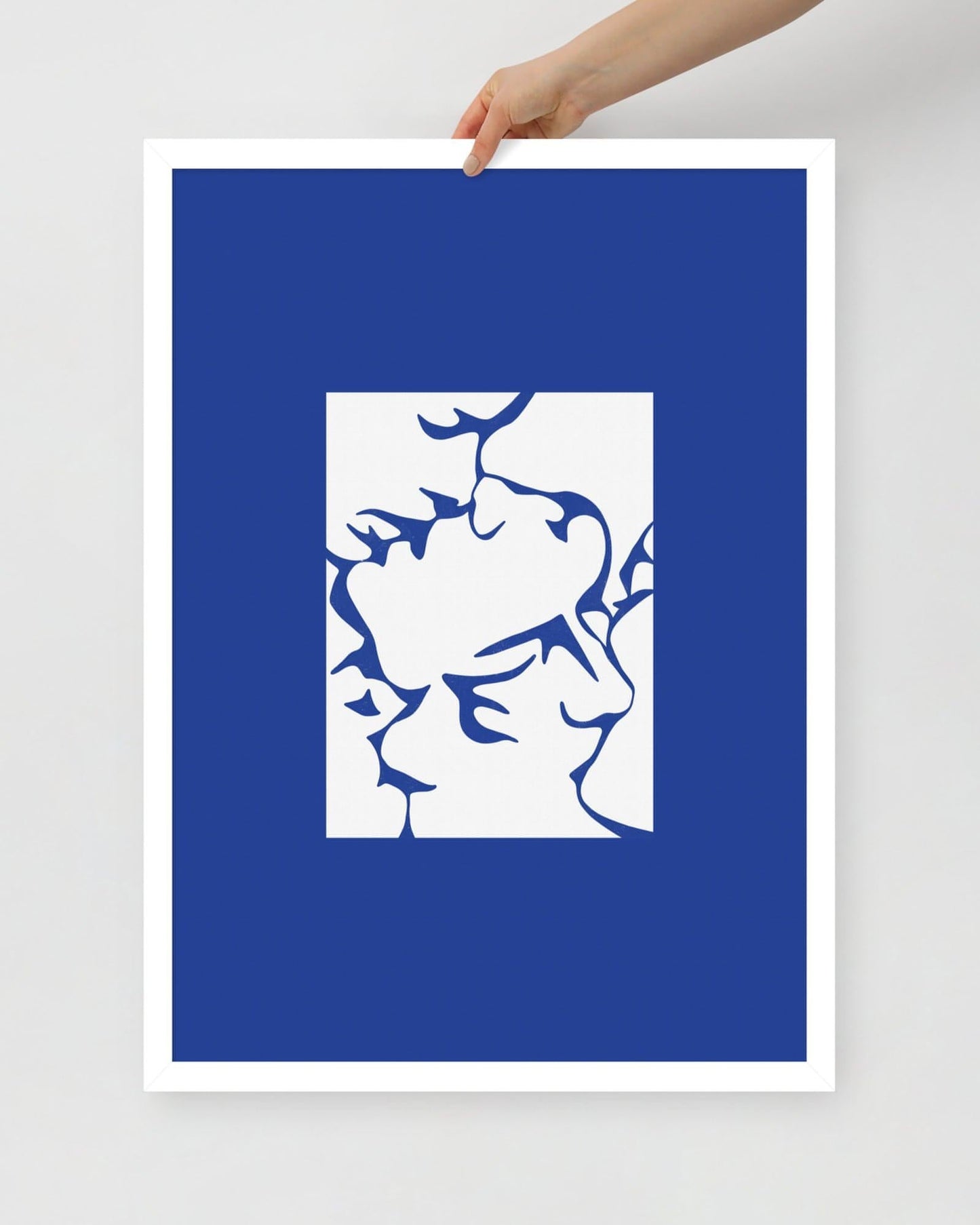 'Three Kisses - Blue' 50×70 cm Fine Art Print with White Frame - Spilt Art by Melbourne Artist Eryn Levey