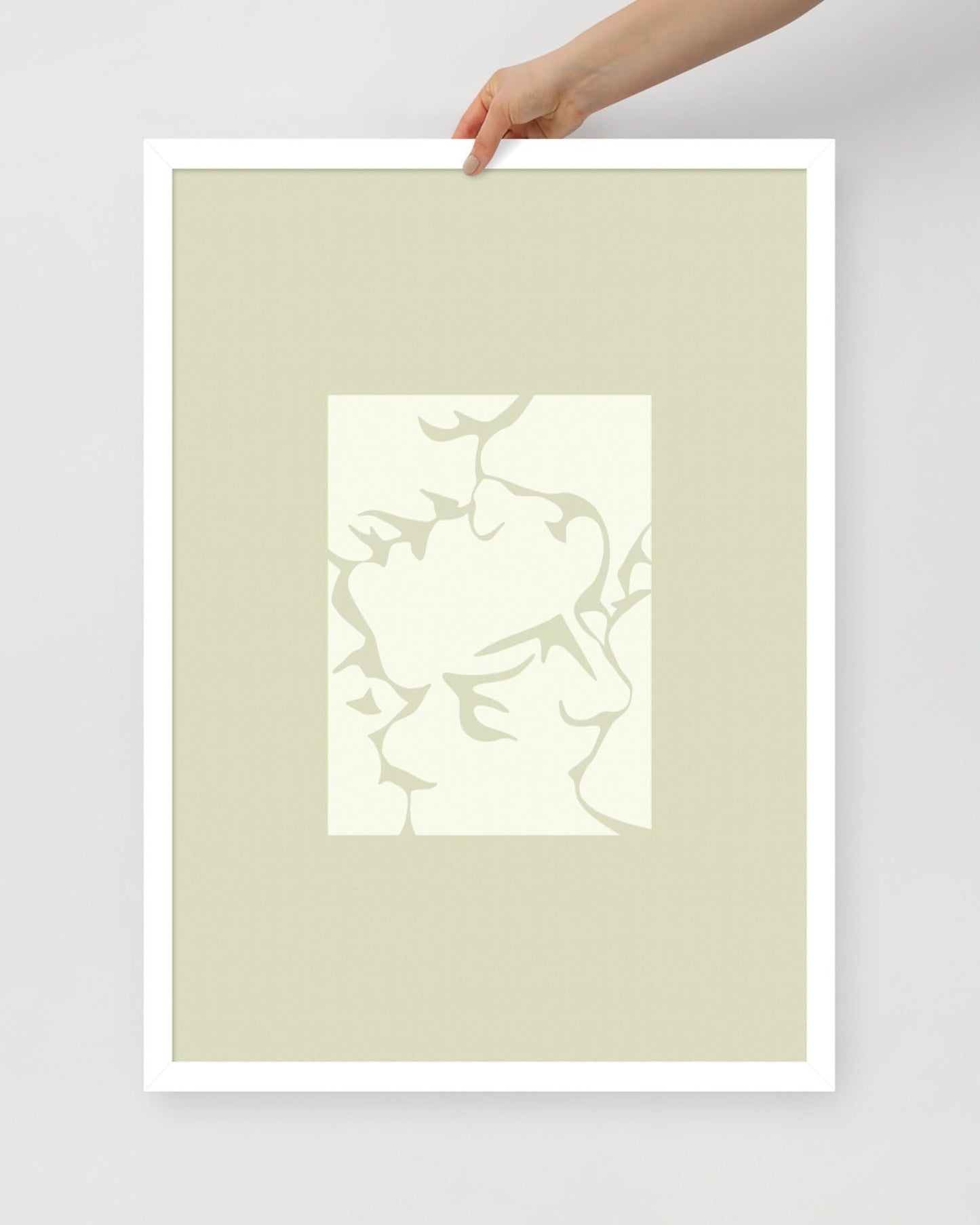 'Three Kisses - Green' 50×70 cm Fine Art Print with White Frame - Spilt Art by Melbourne Artist Eryn Levey