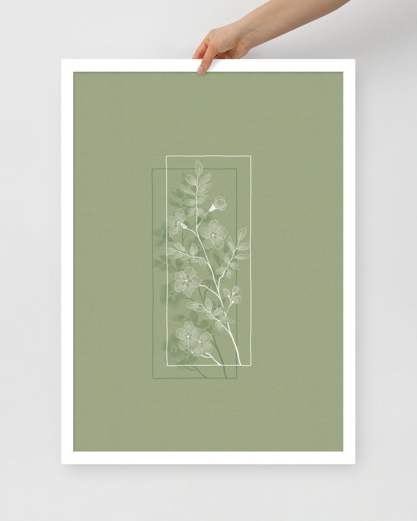 'Window Flower - Green' 50×70 cm Fine Art Print with White Frame - Spilt Art by Melbourne Artist Eryn Levey